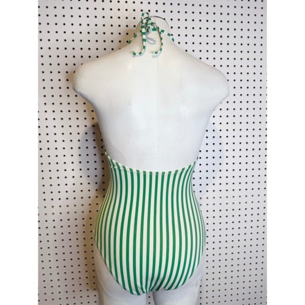 Cupshe Green White Striped Crochet Lace Halter One Piece Swimsuit Deep V-Neck - Picture 3 of 6